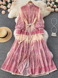 Automne Holiday Pink Robe Maxi Vêtements pour femmes Turleneck Long Lantern Sleeves Flower Retro Print Belt Murffon Verg