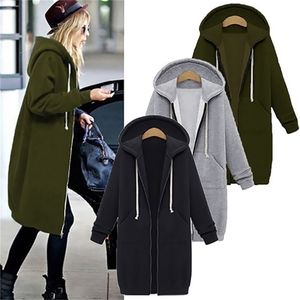 Herfst Hoodies For Women Vrouw Sweatshirt Casual Solid Outerwear Zipper Plus Size Dik Hoodie Jackets Long Black Coat 5xl 201210