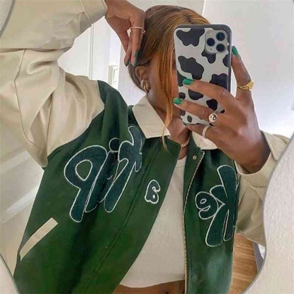 Automne Maison De L'herbe Femmes Lettre Vert Bomber Veste Femme Streetwear PRENEZ UN VOYAGE Turn Down Col Zipper Baseball Manteau 210914