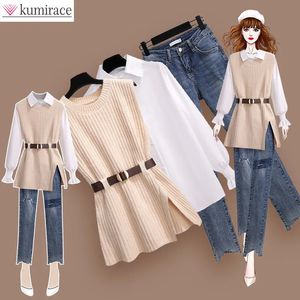 Herfst verhoogde grootte Koreaans chiffon shirt gebreide trui jeans driedelige elegante damesbroek set tracksuit 240516