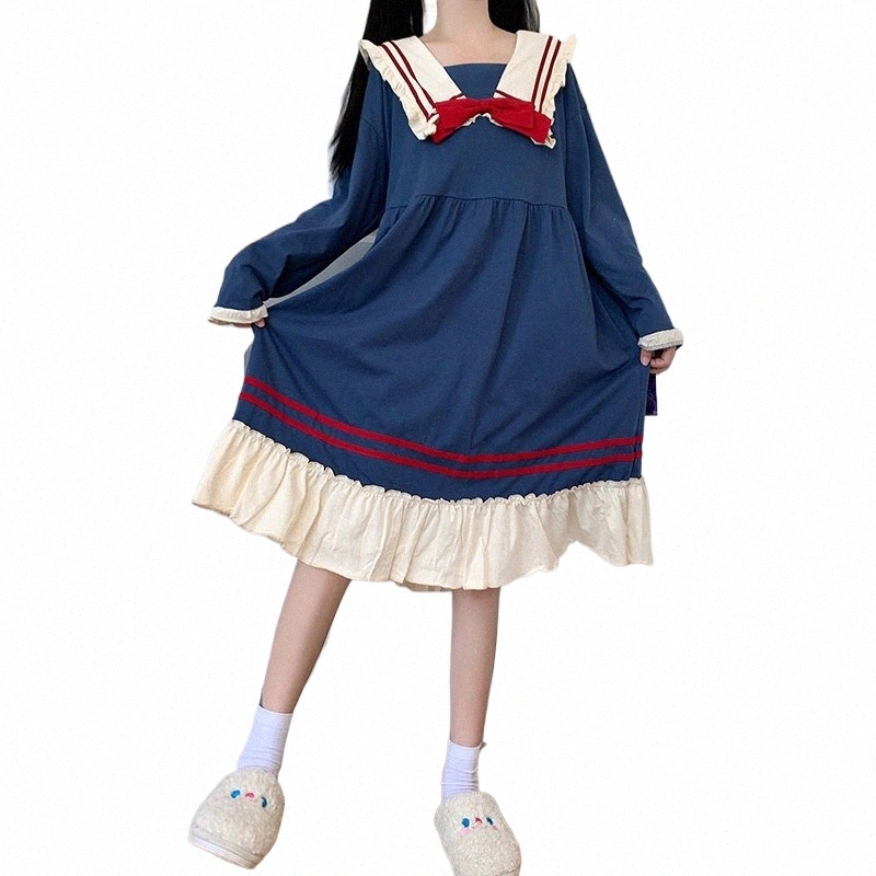 Autumn Kawaii New Japanse Sailor Collar Dres Sweet Temperament Navy Bowknot School Girls Cute Casual Dr Q8uq#