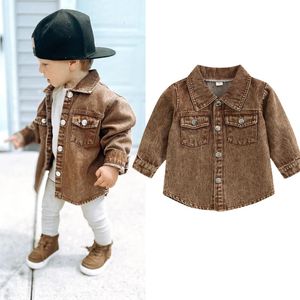 Camisa de otoño para niños, chaqueta con cuello vuelto, abrigos vaqueros Retro a la moda para niños, prendas de vestir exteriores de mezclilla marrón, disfraz 240122