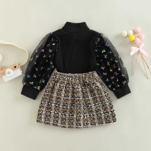 Herfst Kids Peuter Meisjes 2 Stuks Outfit Sets Zwarte Lange Mouw Mesh Patchwork Tops met Knop A-lijn Rok Kleding