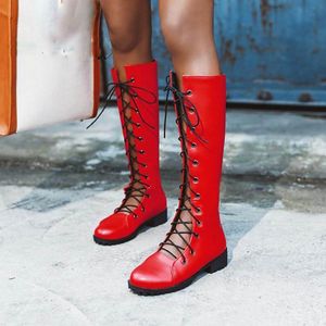 Autumn Knee High Fashion Hollow Out Sexy Cross Strap Flats Chaussures Femmes Style Bottes Long Bottes Taille 35-43