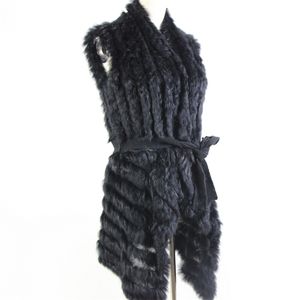 Automne tricoté fourrure naturelle châle lapin gilet mode cape poncho avec ceinture sweat femme 211019