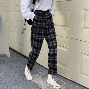 Herfst Korea Mode Vrouwen Hoge Taille Losse Casual Enkellange Broek Vintage Plaid Dikker Harem Topkwaliteit V273 210512