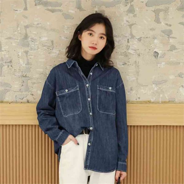 Otoño Corea Moda Mujer Camisas sueltas de manga larga Doble bolsillo Casual Turn-down Collar Blusa de mezclilla de algodón Tops M557 210512