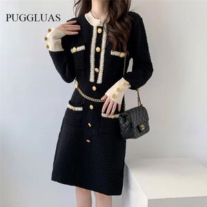 Robe noire tricotée coréenne, tenue française élégante, col rond, manches longues, boutons, longueur aux genoux, robe de soirée, automne, 231229