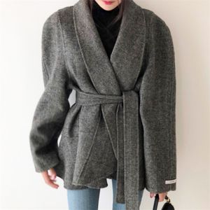 Herfst Koreaanse chique elegante lichte rijpe wind wollen jas is dunner met gegolfde kant vrouwen gx1251 210507