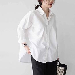 Herfst Koreaanse chique stijl katoen wit shirt kantoor dame fundamentele massieve blouse vrouwen losse zijkant split casual lange mouwen tops
