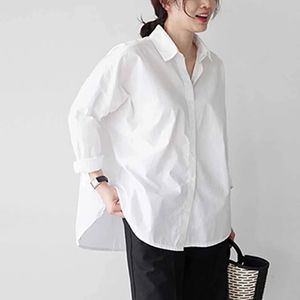 Automne coréen Chic Style coton chemise blanche bureau dame basique solide Blouse femmes lâche côté fendu décontracté à manches longues hauts