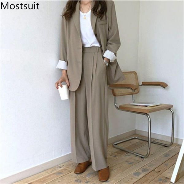 Automne coréen mode femmes blazer pantalons costumes simple boutonnage + pantalon à jambes larges tenues bureau solide 210518