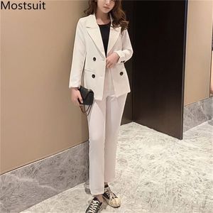 Automne mode coréenne femmes Blazer costume pantalon ensembles Double boutonnage + cheville longueur costumes bureau vêtements de travail 210513