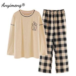 Automne coréen Kawaii pyjama ensemble pour femmes pyjamas coton col rond manches longues gros pijamas mode vêtements de nuit jeune dame 210901