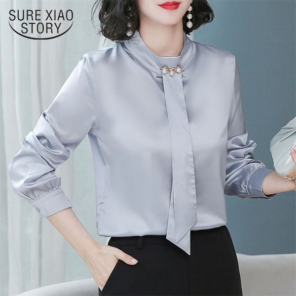 Automne coréen à manches longues paillettes nœud Satin Blouse lâche soie brillant en mousseline de soie pull chemise fond tunique femme 10883 210508