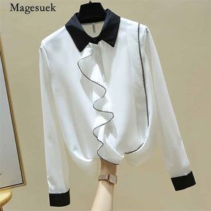 Herfst Korean Office White Shirt Dames Lange Mouwen Top Ruffles Cardigan Chiffon Blouse Blusas Mujer 11510 210512