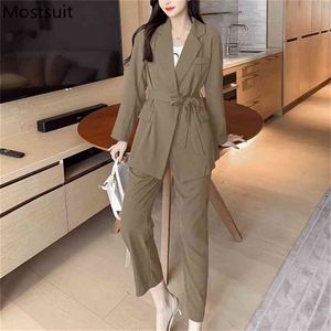 Herfst Korean Office Women Blazer Pants Suits Sets Gordel + Enkle-length Outfits Mode Dames 210513