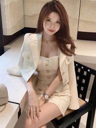 Herfst Koreaanse Sexy Slanke Elegante Mini Jurk Vrouwen Spaghetti Toevallige Jas Tweed Lange mouwen Jas Tweedelige Pak 240109
