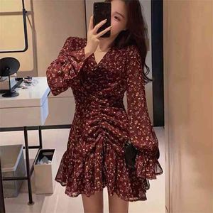 Herfst Koreaanse stijl bandage zeemeermin vintage jurk vrouw v-hals mode merk vestidos print mini beach boho robe femme 210514