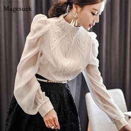 Herfst Koreaanse stijl chiffon shirt chique elegante multi-layer geplooide stand kraag blouse vrouwen bladerdeeg mouw Sunscreen top 12945 220407