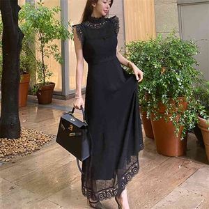 Herfst Koreaanse stijl dames haak kant patchwork polka dot elegante lange maxi jurk vrouwen sexy slanke zwarte partij gewaad 210514