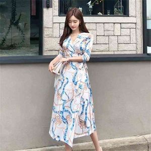 Automne style coréen tempérament col en V chaîne impression à lacets taille robe portefeuille femmes 210416