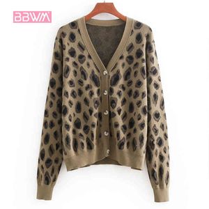 Otoño versión coreana de la chaqueta de punto retro chica leopardo lindo cárdigan de manga larga de una sola botonadura para mujer 210507