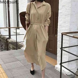 Herfst Koreaanse vintage gordel lange shirt jurk vrouwen mouw single-breasted splitsen jurken casual losse vestidos 210513