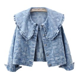 Automne coréen vintage bleu imprimé Peter Pan collier denim veste femme cow-boywear extérieur lâche décontracté jeans jackets femelle 240426