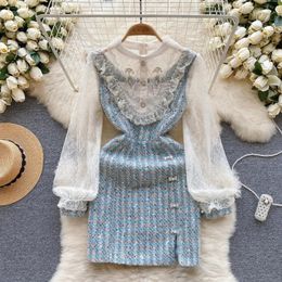 Robe en Tweed élégante en dentelle pour femmes, Patchwork de perles, manches longues, revers, taille haute, en laine, vêtements féminins, automne 240223