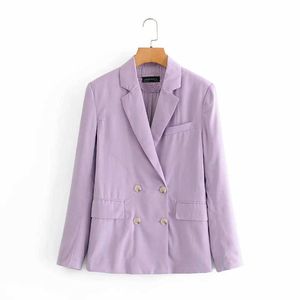 Automne Dames Blazer Mode Mi-longueur Double boutonnage Veste violette Petit costume Casual Loose Top 210527