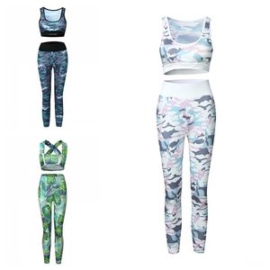 Otoño Señora Ejercicio Conjunto de chándal Camuflaje Estampado Racerback Bras Tanques Tops Medias Pantalón Ropa deportiva Mujer Fitness Trajes Ropa 30oy E19