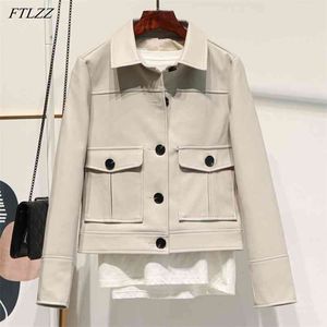Automne cuir veste femmes simple boutonnage court Design manteau moto Blouse poche hauts revers doux PU 210430