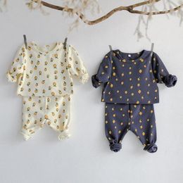 Herfst citroen gedrukte baby kleding jongens meisjes set baby lange mouw tops en hoge taille broek katoen peuter kinderen pyjama set 210309