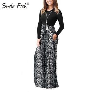 Autumn Luipard Gedrukte dames Femme Long Pocket Maxi Lange mouw op het feest plus size kleding GV813 210311