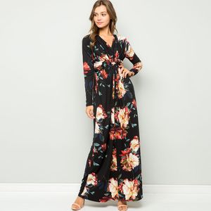 Robe longue d'automne Femmes Casual Floral Imprimer Robes de plage Sexy Col V Manches longues Taille haute Tunique Maxi Robe Robes de Mujer 210507