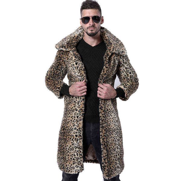 Otoño largo de piel sintética chaqueta de cuero para hombre invierno espesar cálido leopardo estampado piel abrigo hombres chaquetas sueltas solapa 211213