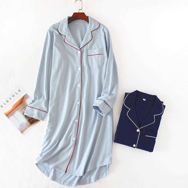 Automne long tricot coton sommeil hauts femmes Cardigan manches chemises de nuit solide revers vêtements de nuit nuisette pour dames maison vêtements 210924