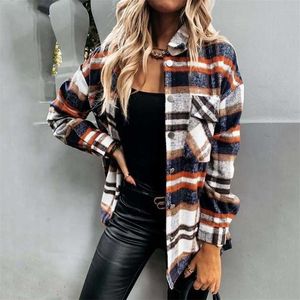 Herfst lange plaid jas vrouwen jas overschoenen winter geruite vrouwelijke mouw shirt voor 211029