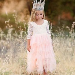 Herfst lange mouwen meisje jurk kant bloem 2020 backless strand jurken witte kinderen bruiloft prinses partij Pageant meisje kleding LJ200923