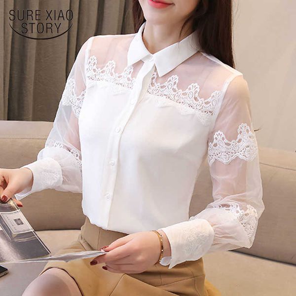 Automne manches longues dentelle creuse vêtement supérieur OL solide blanc Organza élégant en mousseline de soie Blouse femmes Chemisier Femme 10342 210528