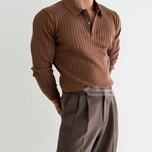 Automne à manches longues en tricot Polo hommes mode côtelé couleur unie Slim Polo T-shirts tricotés hommes décontracté bouton revers pulls 240117
