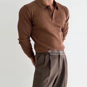 Automne à manches longues en tricot Polo hommes mode côtelé couleur unie Slim Polo T-shirts tricotés hommes décontracté bouton revers pulls 240131