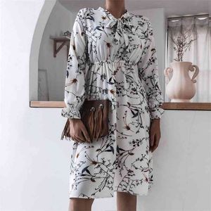 Otoño manga larga midi Dot vestido coreano trompeta arco plisado gasa Vintage estampado mujer vestido verano 210508