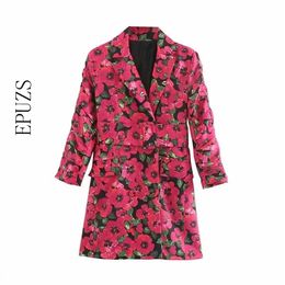 automne manches longues rouge Floral Dress Femmes élégant vintage avec ceinture blazer mini dess Casual dames robes coréen boho Vestidos 210521