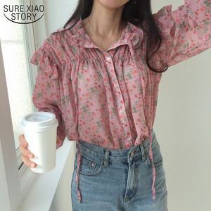 Automne manches longues femme Blouses imprimé sauvage en mousseline de soie Blouse vêtements coréens Vintage à volants rose chemises femme 10336 210508