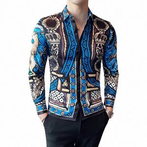 Herfst Luxe Print Shirts Heren Lg Mouw Mannen Busin Casual Dr Slim Fit Sociale Shirt Streetwear Chemise Homme M-6XL S4UB #