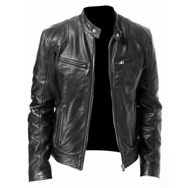 Chaqueta de cuero para hombre de otoño, abrigos con cuello levantado para hombre, color negro y marrón, motocicleta 210909