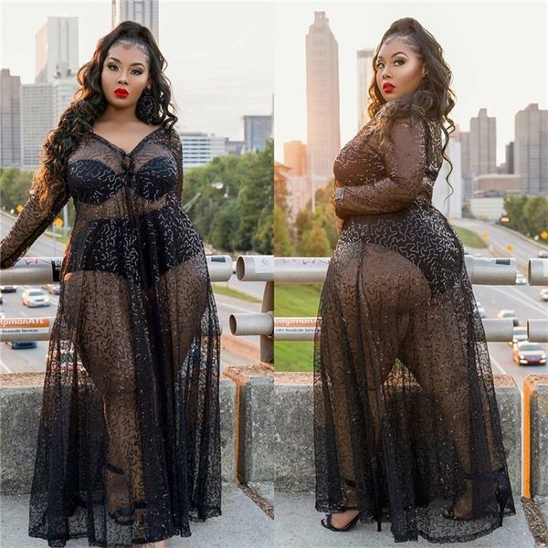 Automne Maxi Robes pour femmes V Cou À Manches Longues Robe Sexy Night Club Transparent Plus Taille Femmes Robe En Gros Dropshipping 210309