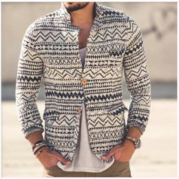 Automne Men Aboul Printing Single-Basted Pocket Gloche Long Scoeve Triditing Cardigan Streetwear Vintage Casual Slim Pull S-3XL
